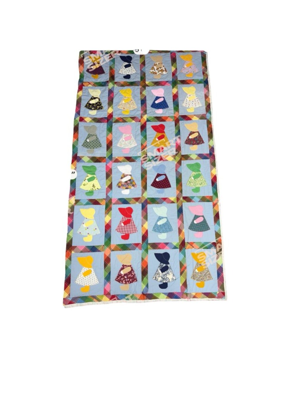 Vintage Handmade Sunbonnet Sue Quilt Throw Blanket Twin Plaid Border 76x54 READ - Picture 4 of 7